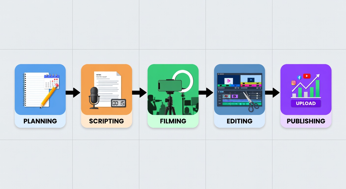 Short-form video workflow diagram showing the three-step engineering process from analysis to iteration