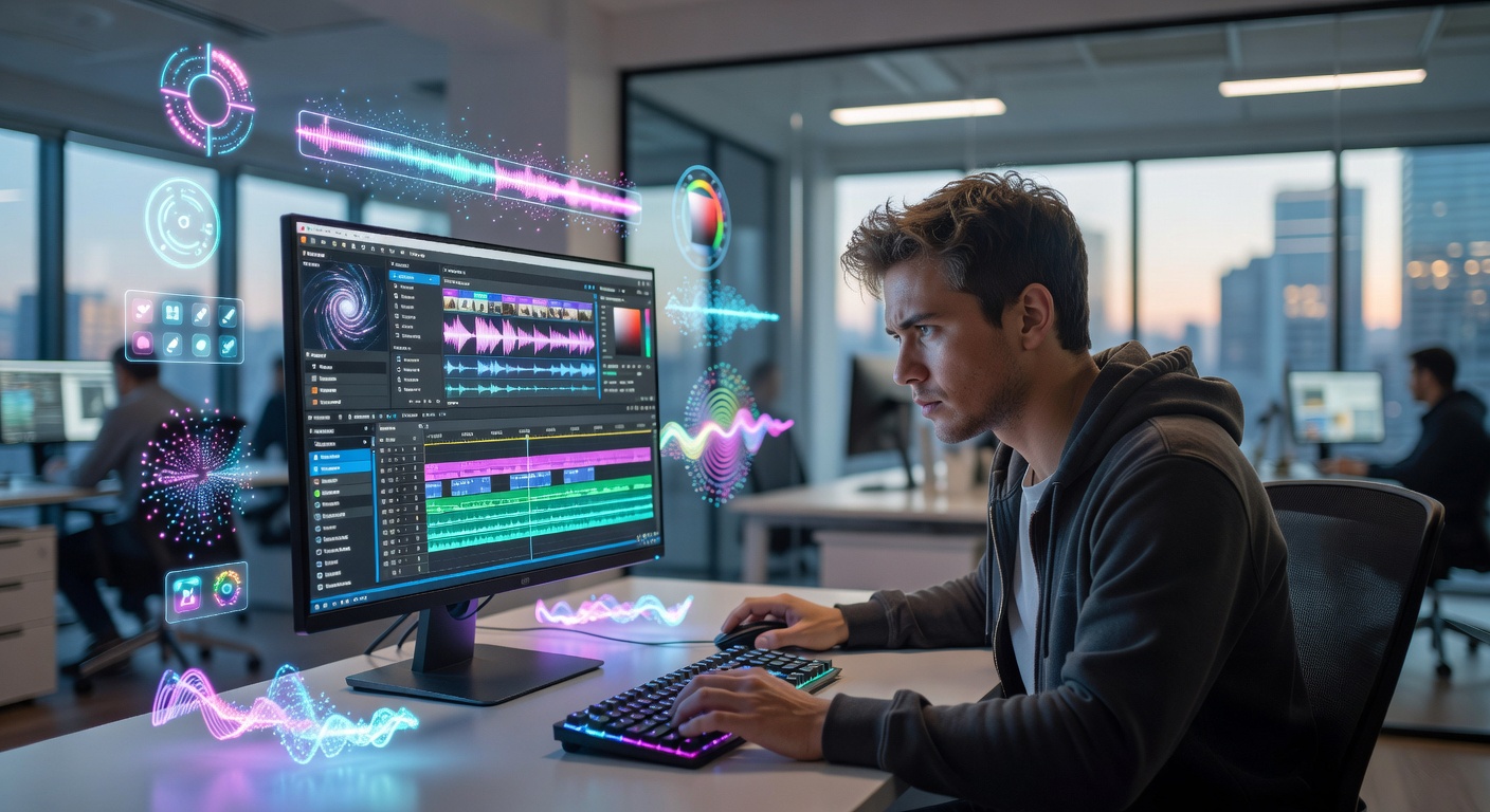 Professional video editing workstation with dual monitors showing timeline and color grading panels