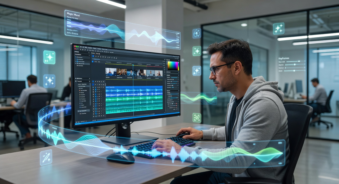 Video editing workstation showing retention analytics dashboards alongside editing timeline for data-driven optimization