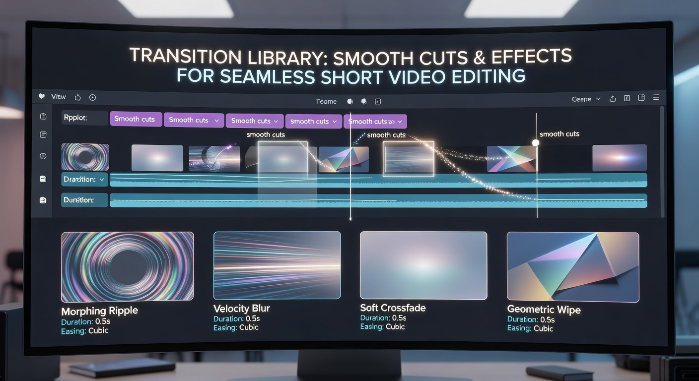 Video transition library interface showing categorized transitions with preview thumbnails and retention impact scores